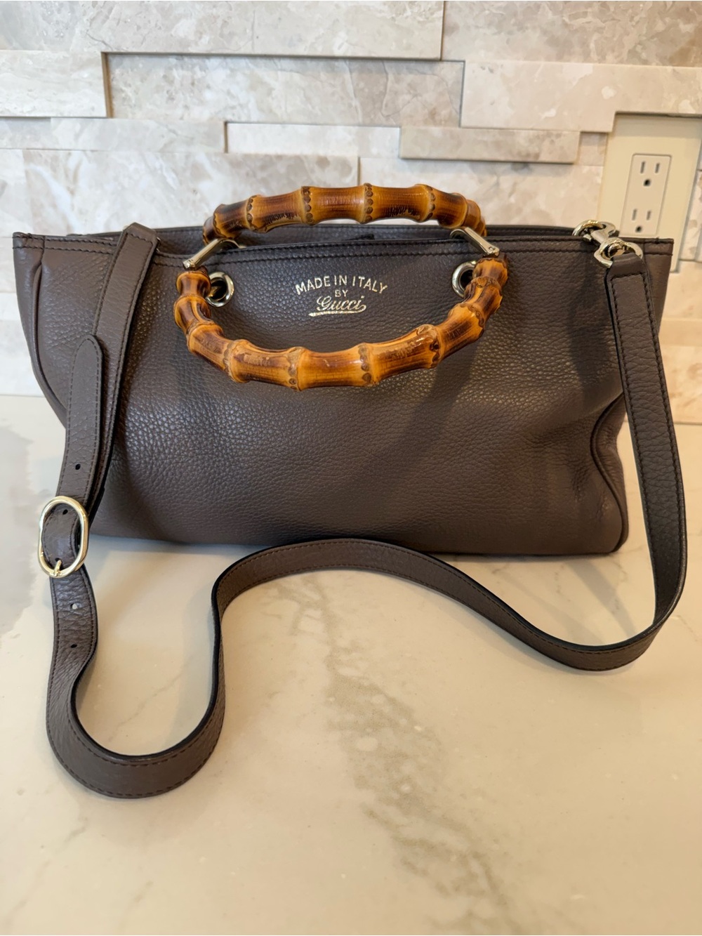 Gucci Bamboo Grey Brown Pebbled Leather Shopper Tote Crossbody Great Condition